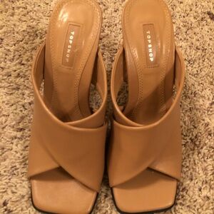 Topshop Premium Leather Square Toe Nude Heeled Mules